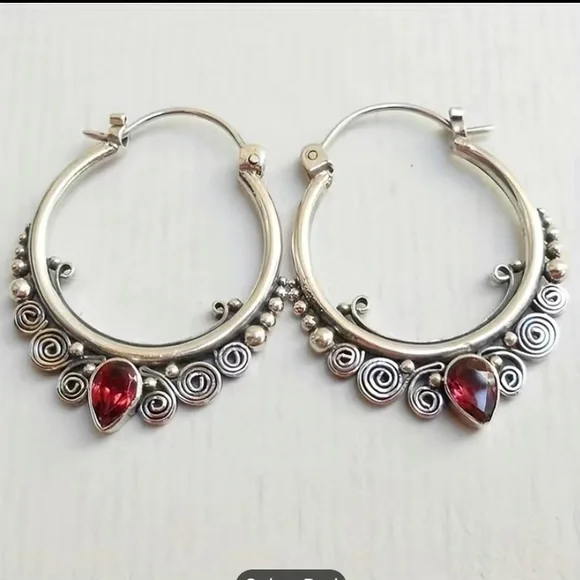 Sterling Silver & Garnet Earrings - Picture 5 of 5